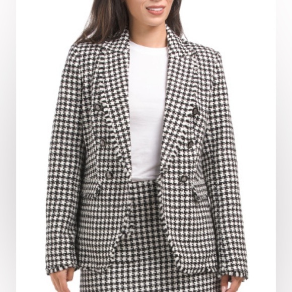 ELIE TAHARI HOUNDSTOOTH CONTEMPORARY RAW FRINGE HEM PREPPY BLAZER JACKET